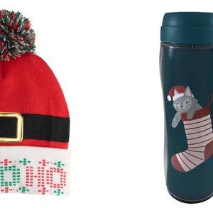 Santa Hat Pom-Pom Beanie & Stocking Cat ThermalMug